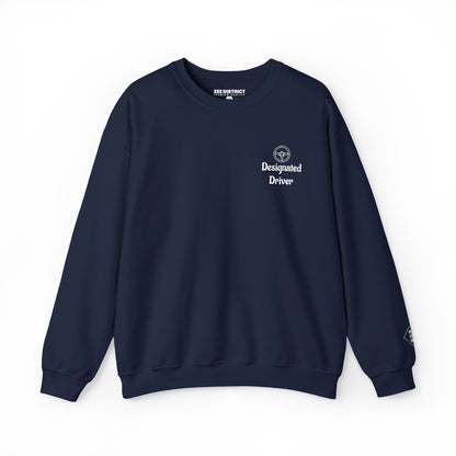 Personalized Designated Driver Embroidered Crewneck Sweatshirt — Custom Name & Date Sleeve Detail
