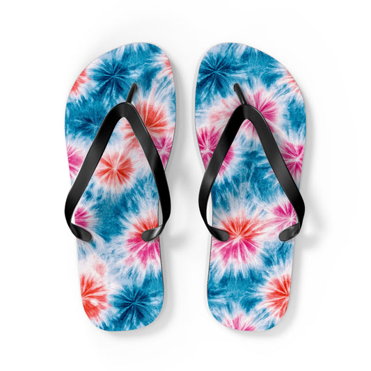 Red, White & Blue Tie-Dye Burst Flip Flops — Patriotic Summer Sandals