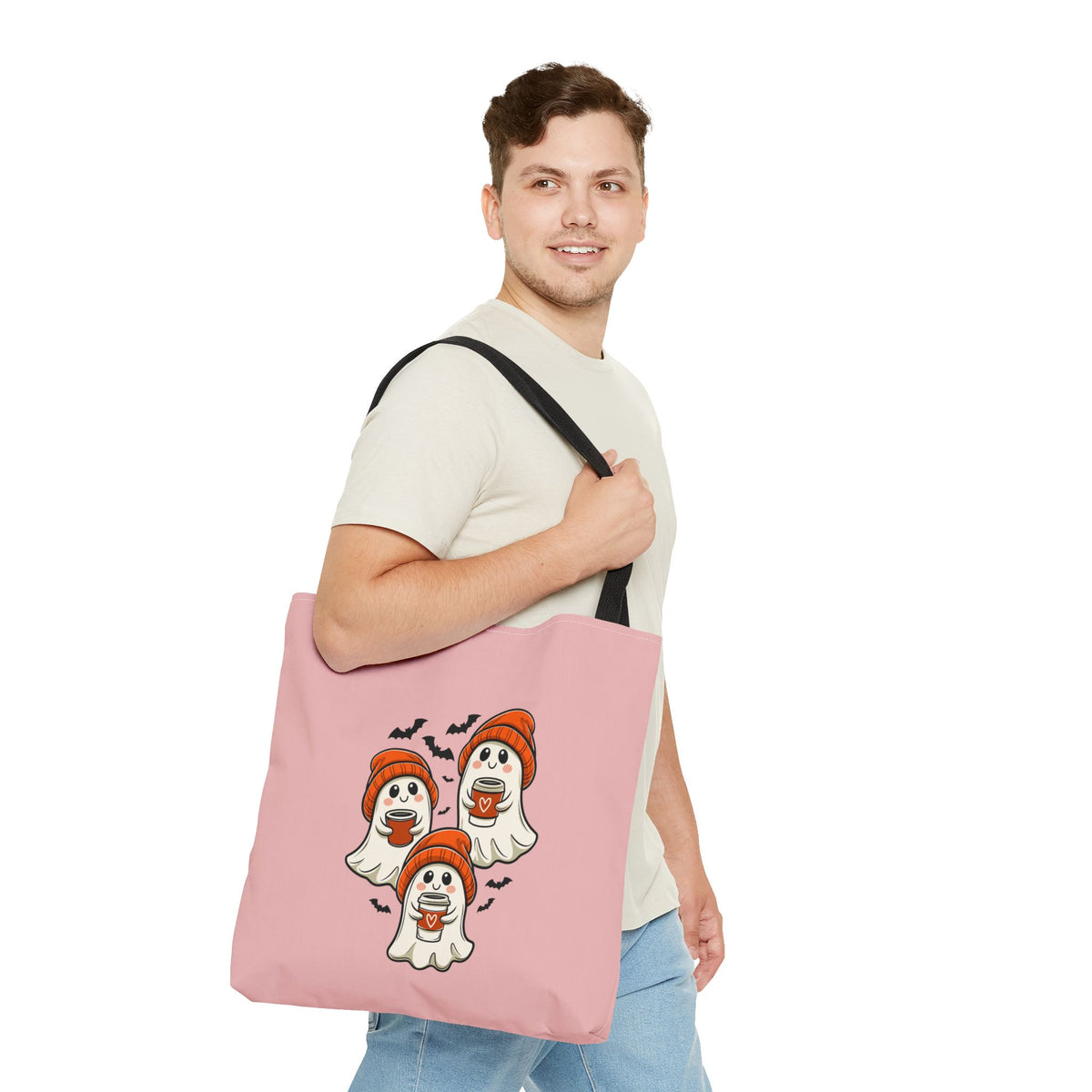 "Spooky Coffee Squad" Cute Ghosts With Beanies Polyester Tote Bag