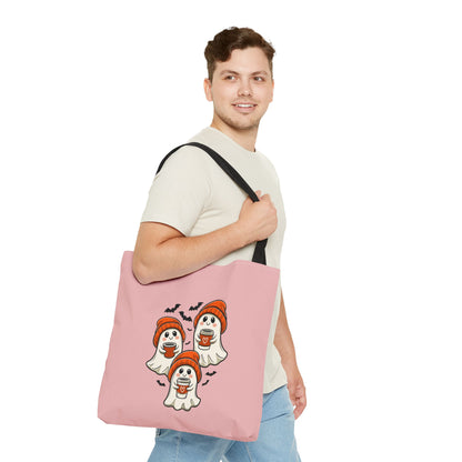 "Spooky Coffee Squad" Cute Ghosts With Beanies Polyester Tote Bag