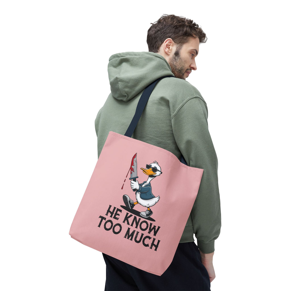 "He Know Too Much" Chaos Duck With Knife Funny Polyester Tote Bag