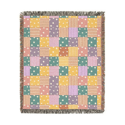 Colorful Patchwork Hearts & Stars Woven Throw Blanket