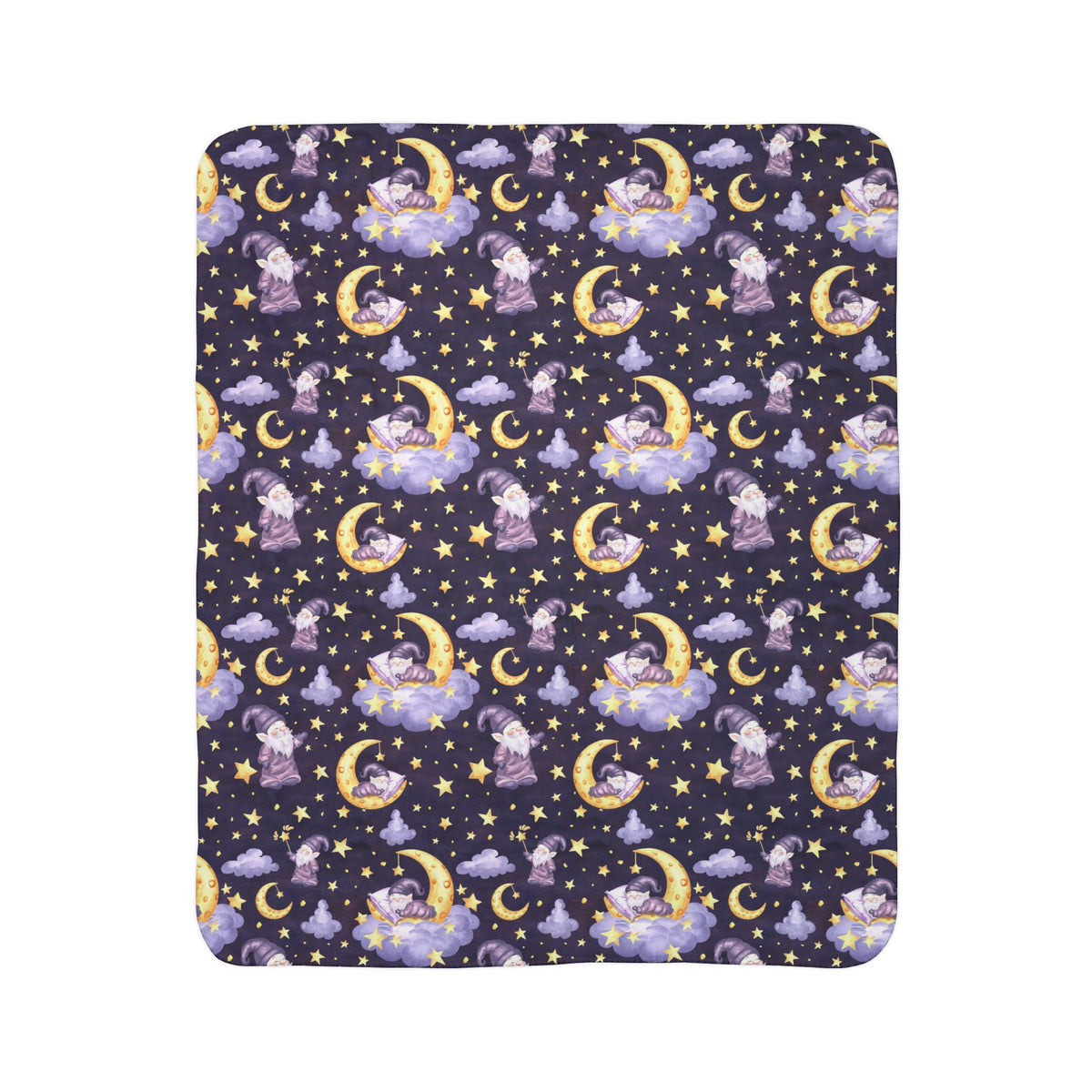 Sleepy Gnomes & Celestial Moon Sherpa Fleece Blanket | Whimsical Nighttime Cozy Throw