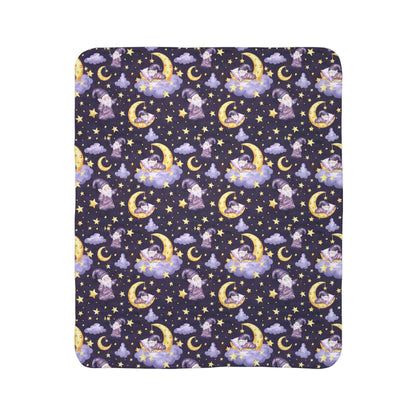 Sleepy Gnomes & Celestial Moon Sherpa Fleece Blanket | Whimsical Nighttime Cozy Throw