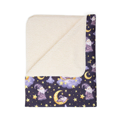 Sleepy Gnomes & Celestial Moon Sherpa Fleece Blanket | Whimsical Nighttime Cozy Throw