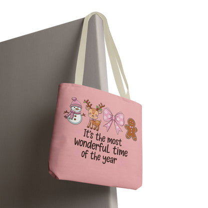 "It's The Most Wonderful Time Of The Year" Pink Holiday Icons Polyester Tote Bag
