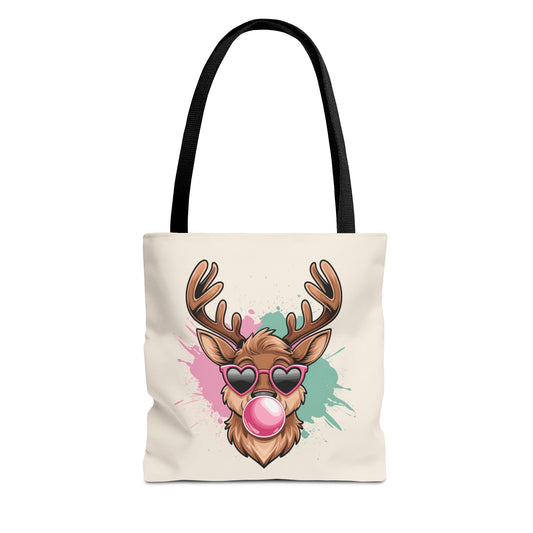 Cool Reindeer Blowing Bubblegum Tote Bag | Trendy Holiday & Winter Shopper
