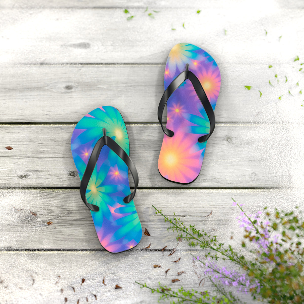 Neon Glow Floral Cosmic Dream Flip Flops — Electric Botanical Summer Sandals