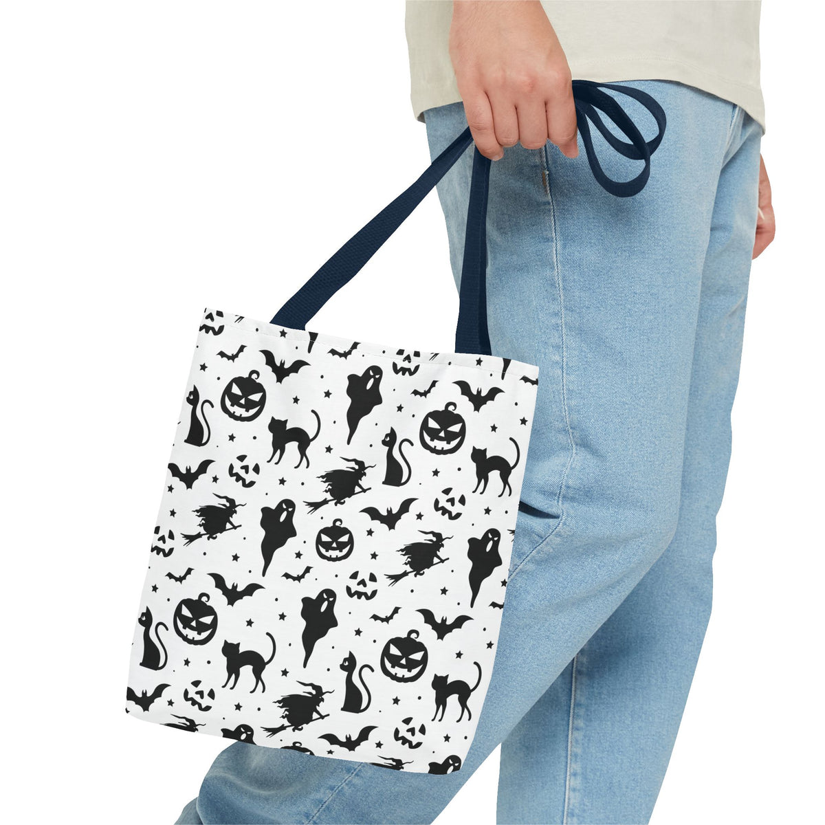Spooky Halloween Seamless Pattern Tote Bag | Monochromatic Black & White Shopper