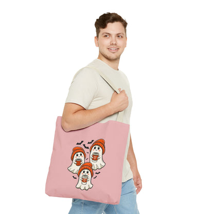 "Spooky Coffee Squad" Cute Ghosts With Beanies Polyester Tote Bag