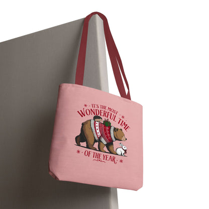 "It's The Most Wonderful Time Of The Year" Woodland Animals Holiday Sweater Polyester Tote Bag