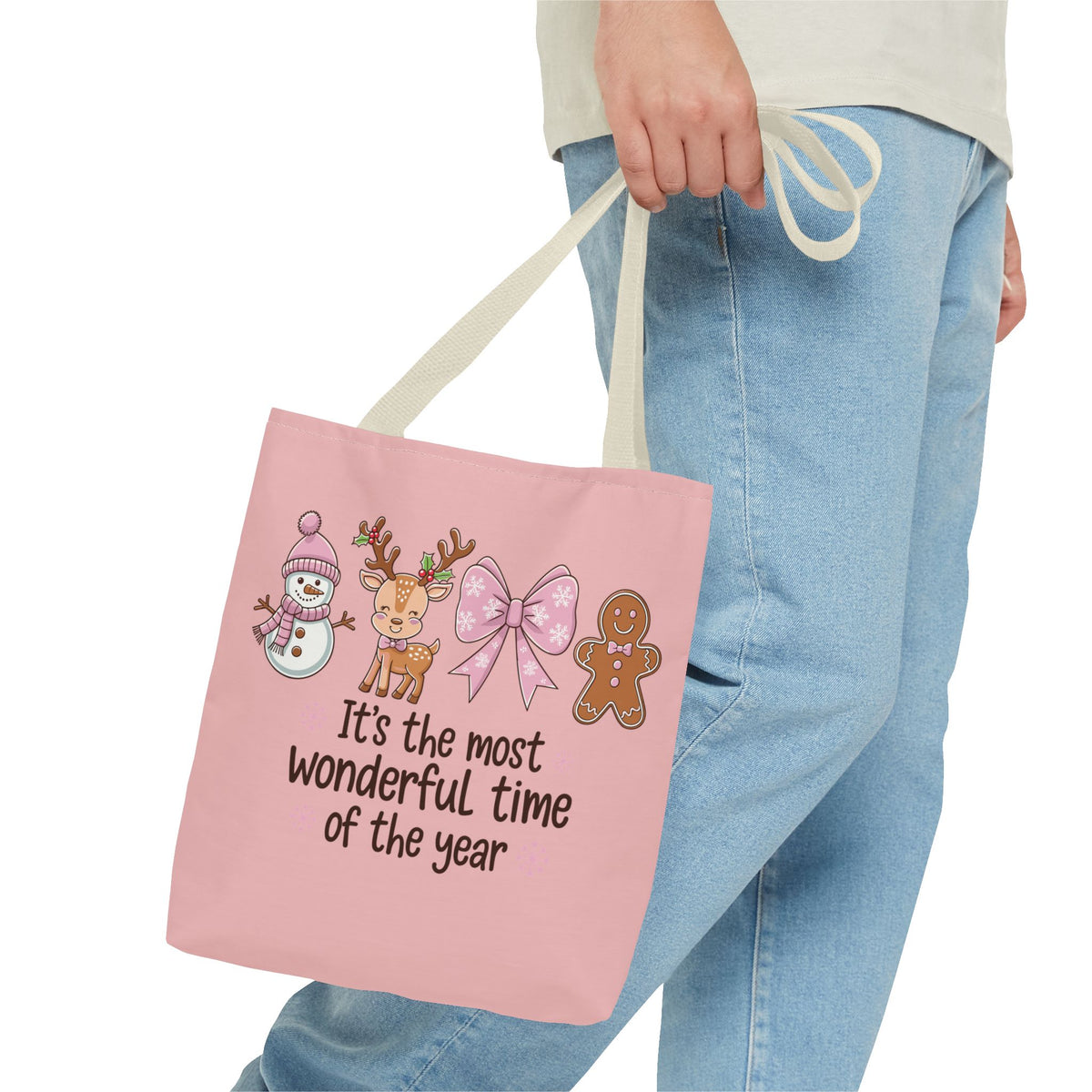 "It's The Most Wonderful Time Of The Year" Pink Holiday Icons Polyester Tote Bag