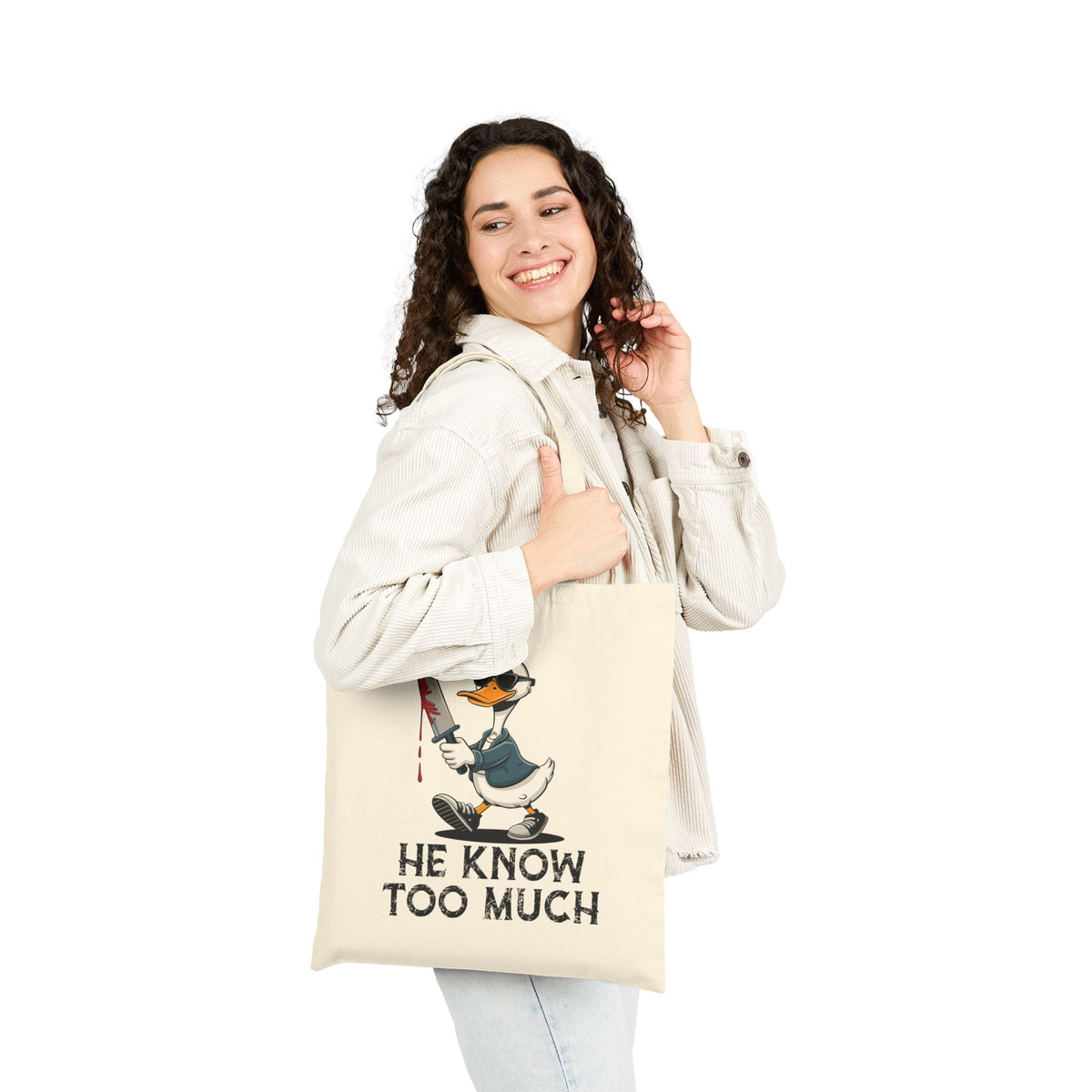 "He Know Too Much" Chaos Duck With Knife Funny Cotton Canvas Tote Bag