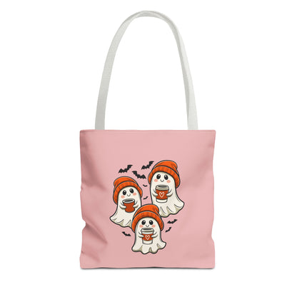 "Spooky Coffee Squad" Cute Ghosts With Beanies Polyester Tote Bag