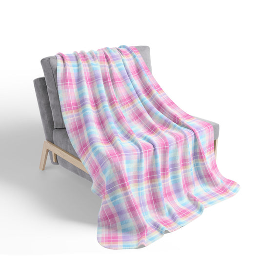 Pastel Plaid Checkered Sherpa Fleece Blanket | Soft Pink & Blue Cozy Throw