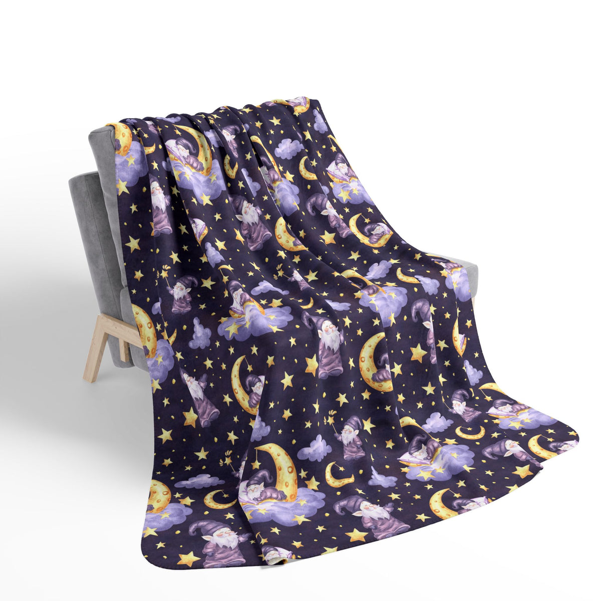 Sleepy Gnomes & Celestial Moon Sherpa Fleece Blanket | Whimsical Nighttime Cozy Throw