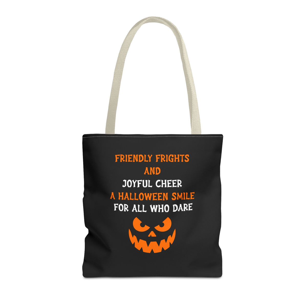 Halloween Jack-O'-Lantern Tote Bag — "Friendly Frights and Joyful Cheer" Trick-or-Treat Reusable Shopper
