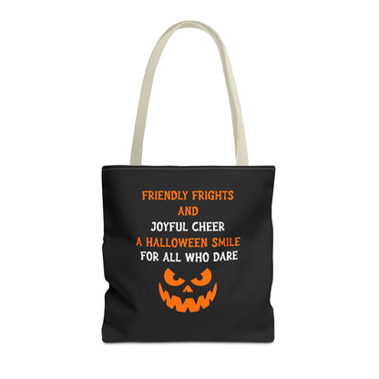 Halloween Jack-O'-Lantern Tote Bag — "Friendly Frights and Joyful Cheer" Trick-or-Treat Reusable Shopper