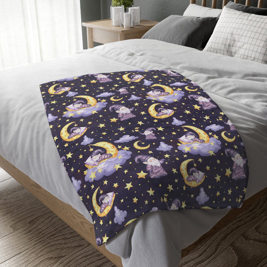 Sleepy Gnomes & Celestial Moon Velveteen Blanket | Whimsical Nighttime Plush Throw (Two-sided print)