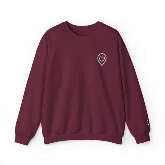 Heart Location Pin Crewneck Sweatshirt — Minimalist Map Marker with Heart