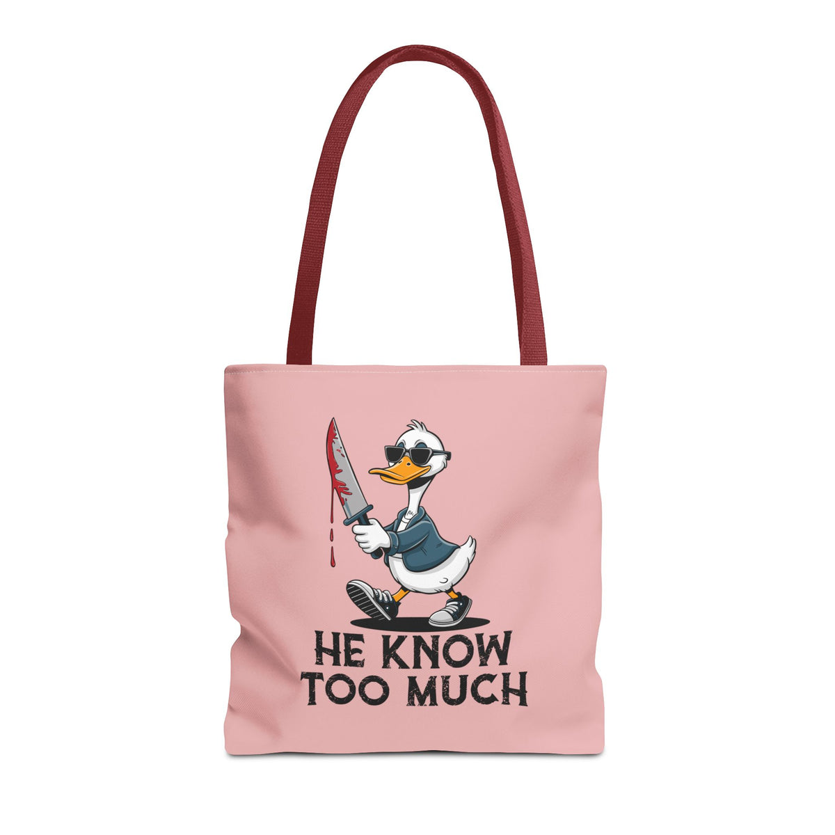 "He Know Too Much" Chaos Duck With Knife Funny Polyester Tote Bag