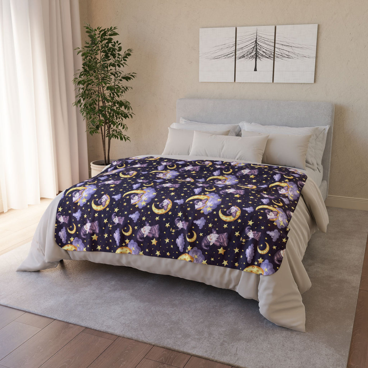 Sleepy Gnomes & Celestial Moon Sherpa Fleece Blanket | Whimsical Nighttime Cozy Throw