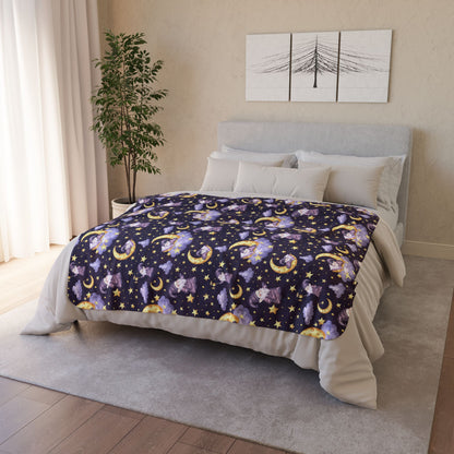 Sleepy Gnomes & Celestial Moon Sherpa Fleece Blanket | Whimsical Nighttime Cozy Throw