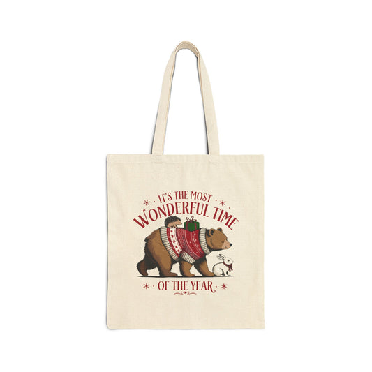 "It's The Most Wonderful Time Of The Year" Christmas Bear Cotton Canvas Tote Bag