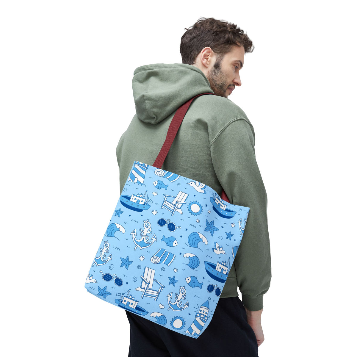 Nautical Coastal Pattern Tote Bag | Blue & White Beach Day Shopper