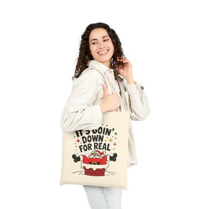 "It's Goin' Down For Real" Santa Stuck in Chimney Funny Christmas Cotton Canvas Tote Bag