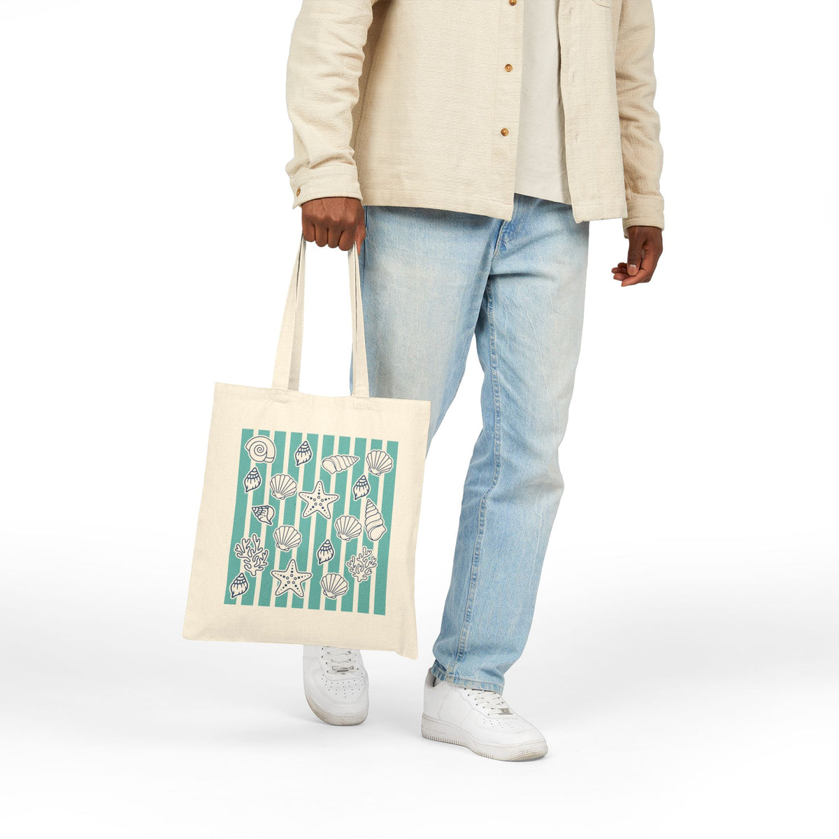 Coastal Seashells & Turquoise Stripes Cotton Canvas Tote Bag