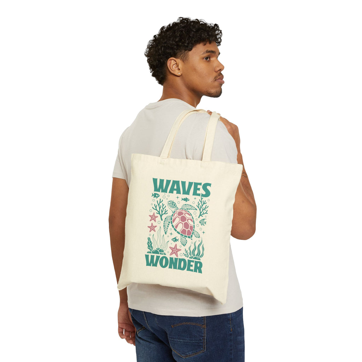 Waves & Wonder Sea Turtle Ocean Life Cotton Canvas Tote Bag