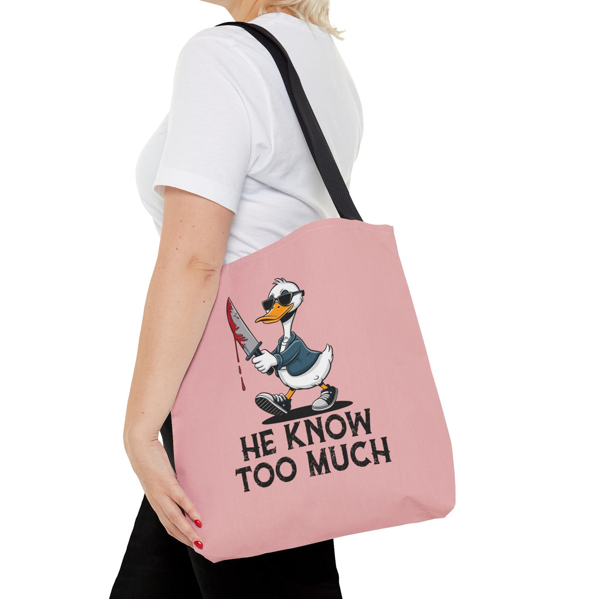 "He Know Too Much" Chaos Duck With Knife Funny Polyester Tote Bag