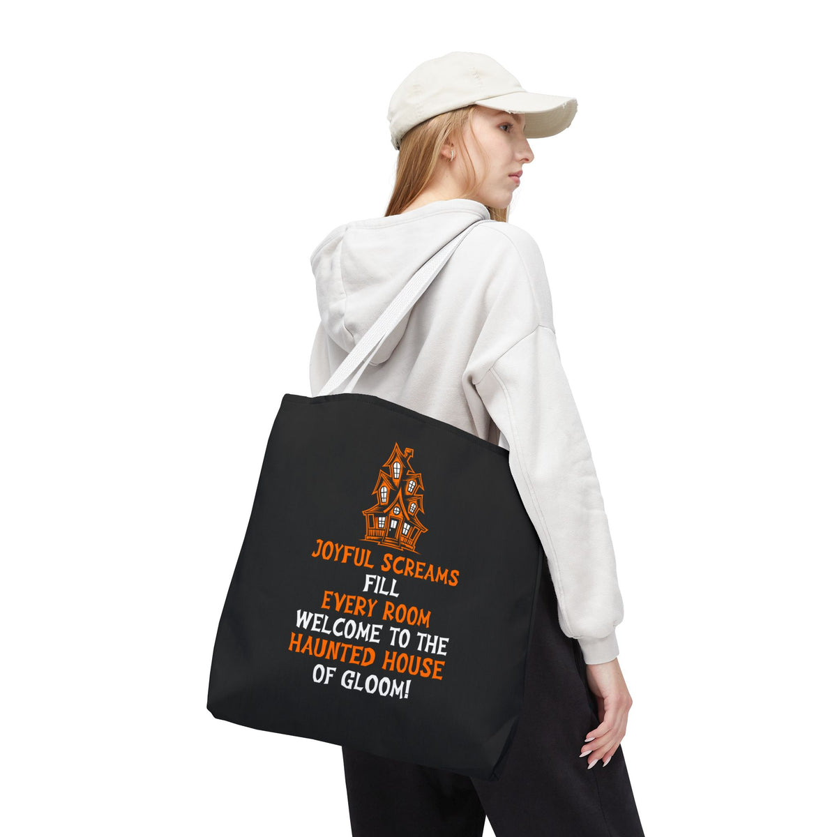 Halloween Haunted House Tote Bag — "Joyful Screams" Trick-or-Treat Reusable Shopper