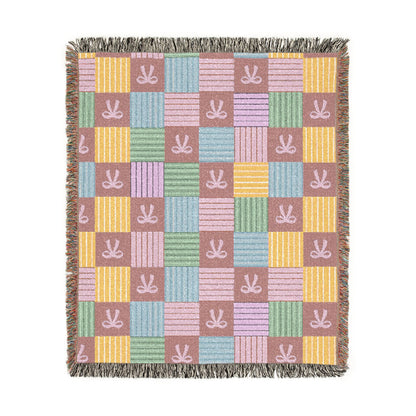 Cozy Patchwork & Pink Bows Woven Throw Blanket