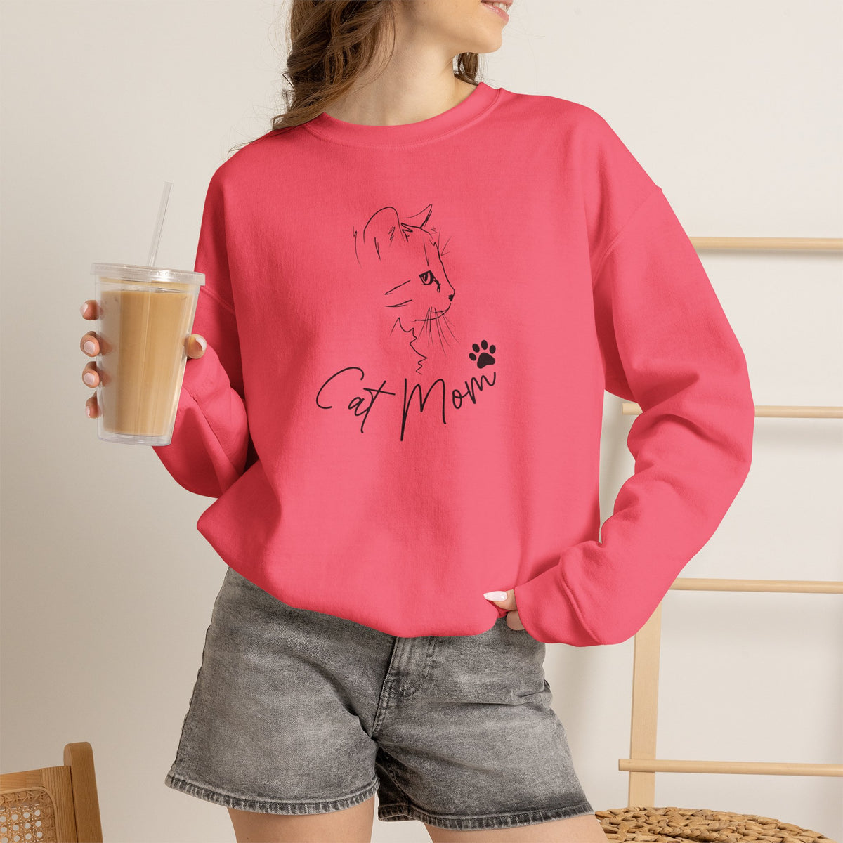 Cat Mom Line Art Minimalist Graphic Sweatshirt | Cute Feline Lover Pullover