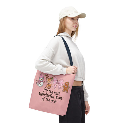 "It's The Most Wonderful Time Of The Year" Pink Holiday Icons Polyester Tote Bag