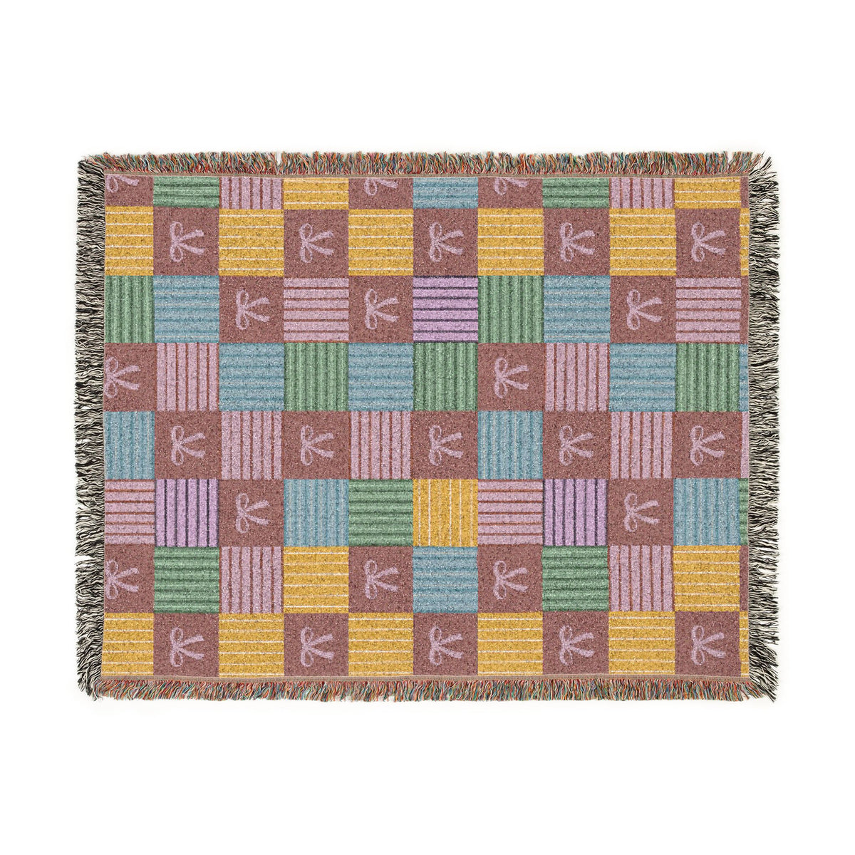 Cozy Patchwork & Pink Bows Woven Throw Blanket