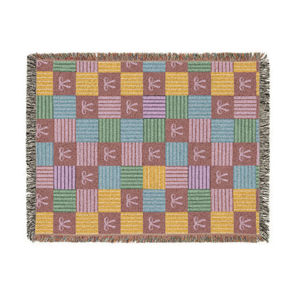 Cozy Patchwork & Pink Bows Woven Throw Blanket
