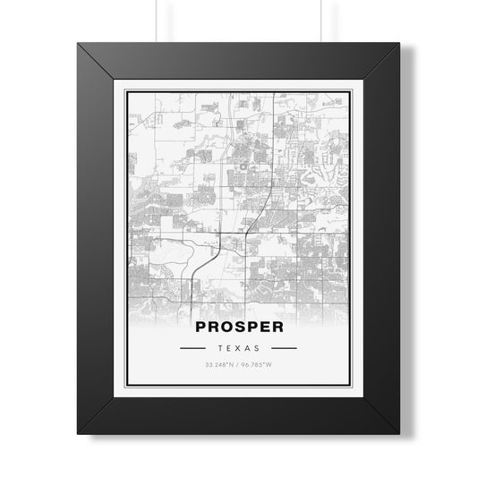 Prosper Texas Map Poster - Framed Vertical Town Map Wall Art with Coordinates