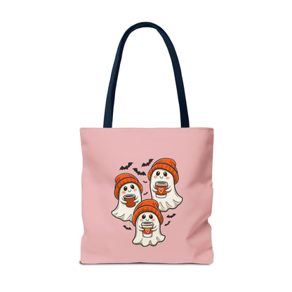 "Spooky Coffee Squad" Cute Ghosts With Beanies Polyester Tote Bag