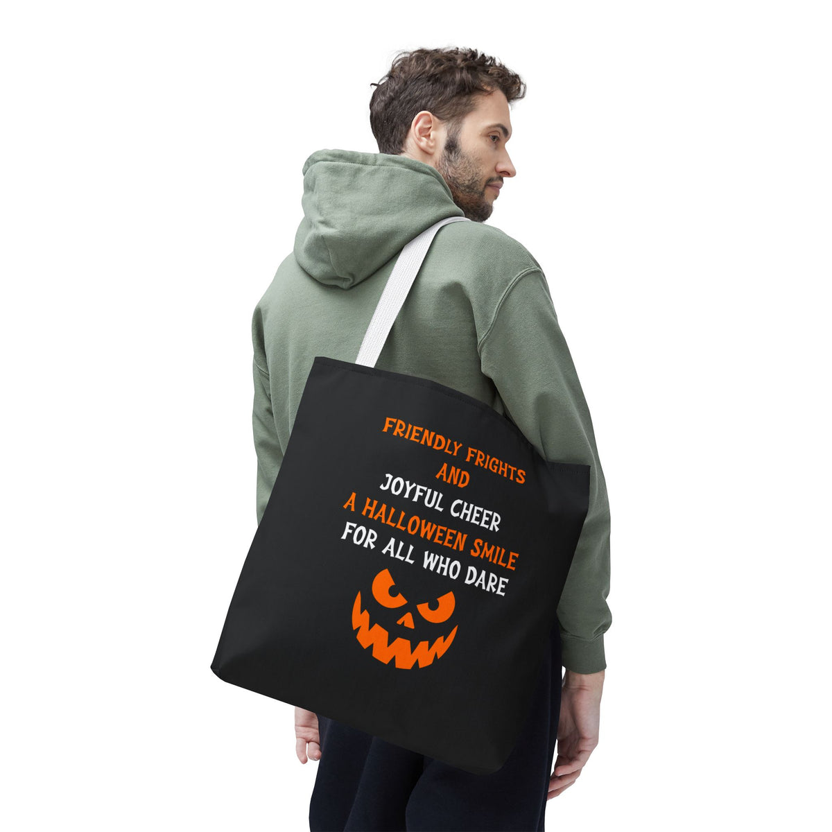 Halloween Jack-O'-Lantern Tote Bag — "Friendly Frights and Joyful Cheer" Trick-or-Treat Reusable Shopper