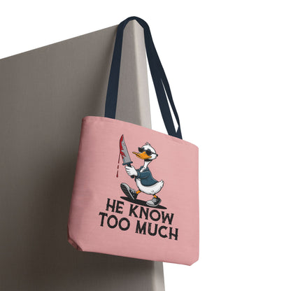 "He Know Too Much" Chaos Duck With Knife Funny Polyester Tote Bag