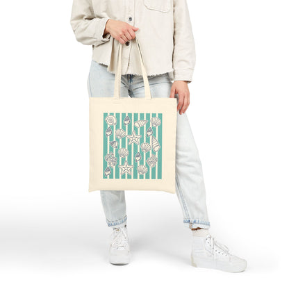Coastal Seashells & Turquoise Stripes Cotton Canvas Tote Bag