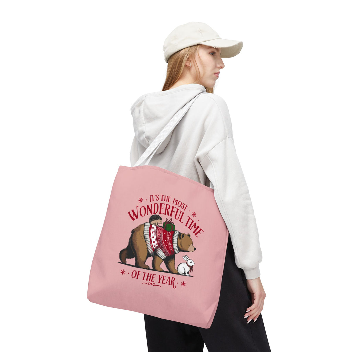 "It's The Most Wonderful Time Of The Year" Woodland Animals Holiday Sweater Polyester Tote Bag