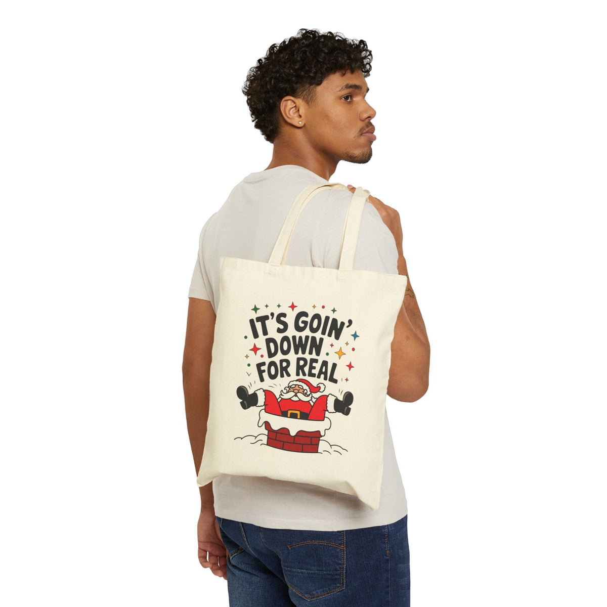 "It's Goin' Down For Real" Santa Stuck in Chimney Funny Christmas Cotton Canvas Tote Bag