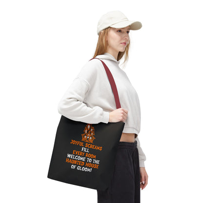 Halloween Haunted House Tote Bag — "Joyful Screams" Trick-or-Treat Reusable Shopper