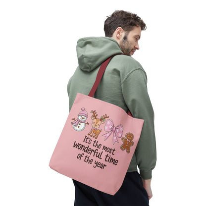 "It's The Most Wonderful Time Of The Year" Pink Holiday Icons Polyester Tote Bag