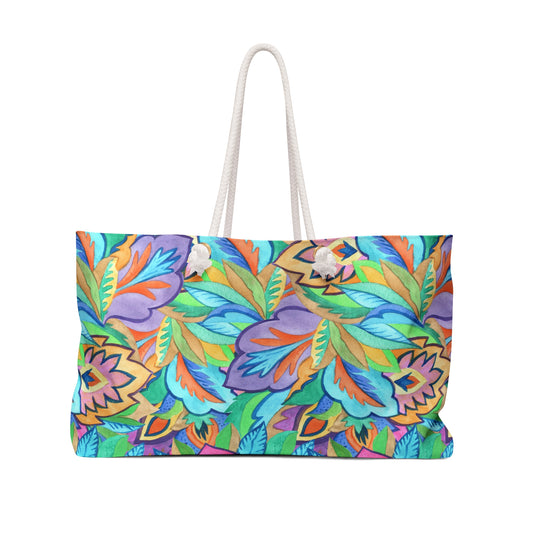 Boho Tropical Leaves Watercolor Weekender Bag | Oversized Beach & Travel Tote