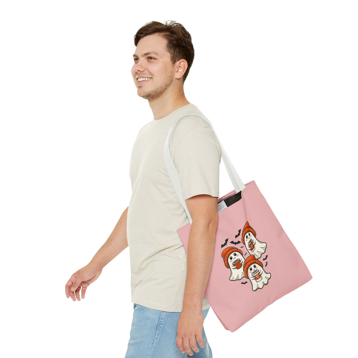 "Spooky Coffee Squad" Cute Ghosts With Beanies Polyester Tote Bag